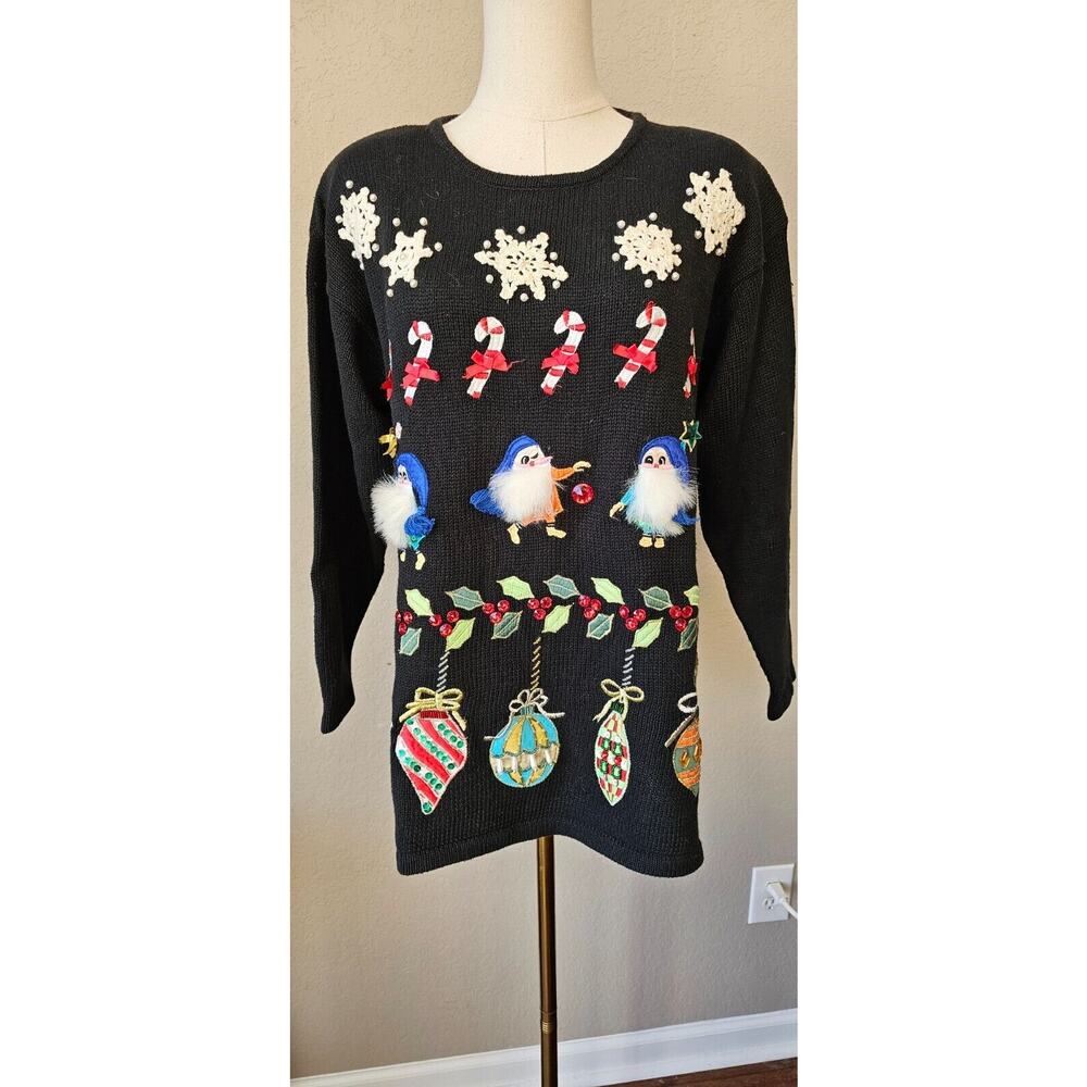 Yarnworks Sweater Womens Small ELVES Ornaments‎ FUN Vintage Ugly Christmas Party